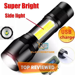 Super Bright Usb Rechargeable steel Flashlight With Side Light – Compact, Durable & Powerful Led Torch
