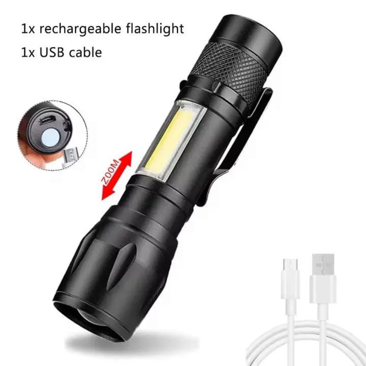 Super Bright Usb Rechargeable steel Flashlight With Side Light – Compact, Durable & Powerful Led Torch