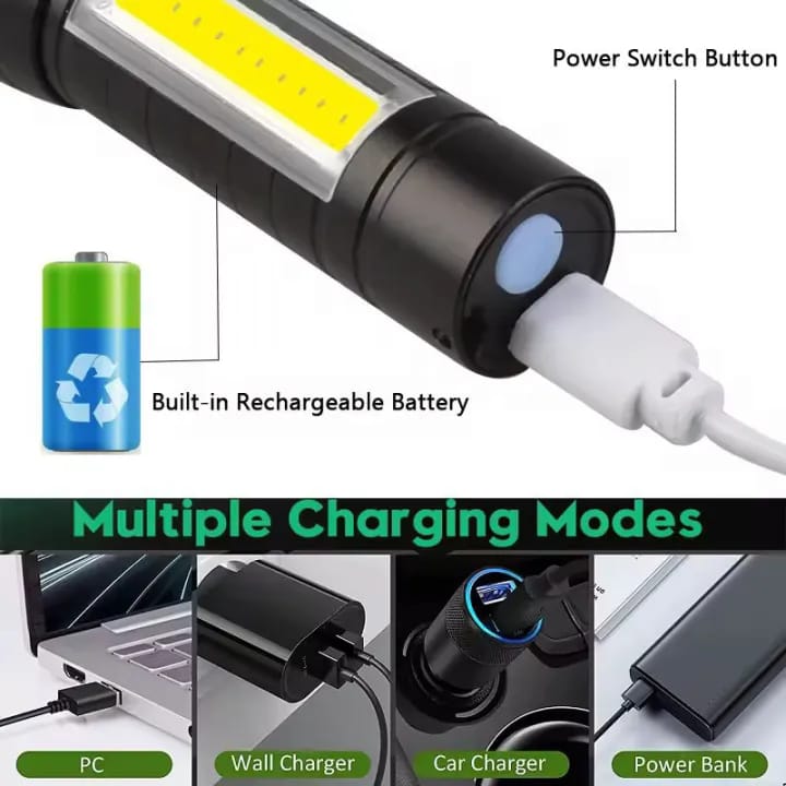 Super Bright Usb Rechargeable steel Flashlight With Side Light – Compact, Durable & Powerful Led Torch